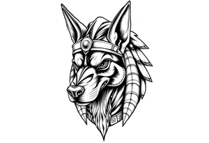 Egyptian Anubis god powerful face muscle in Egypt style with mantle on head dog face long ears tattoo idea