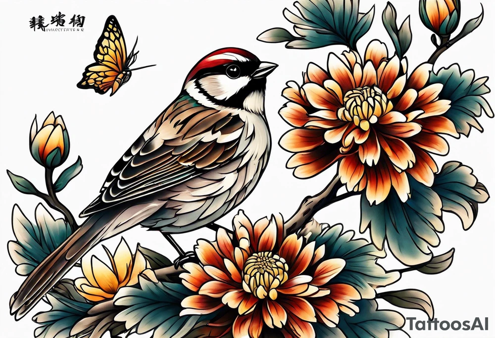 Sparrows and chrysanthemums tattoo idea