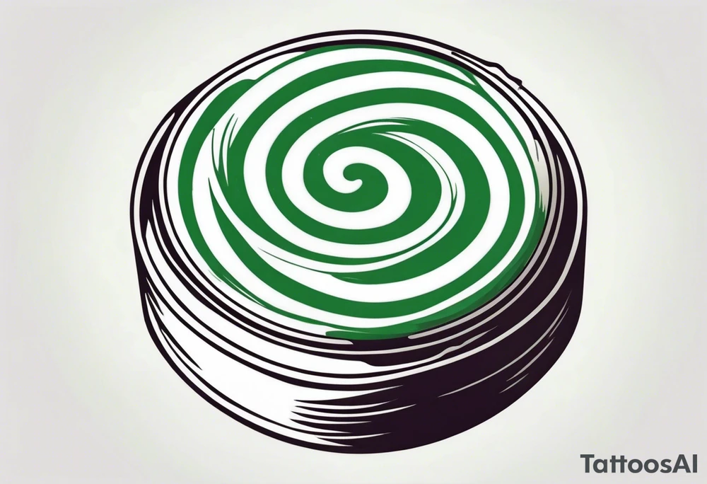 a small round candy in a wrapper. green and white swirled tattoo idea