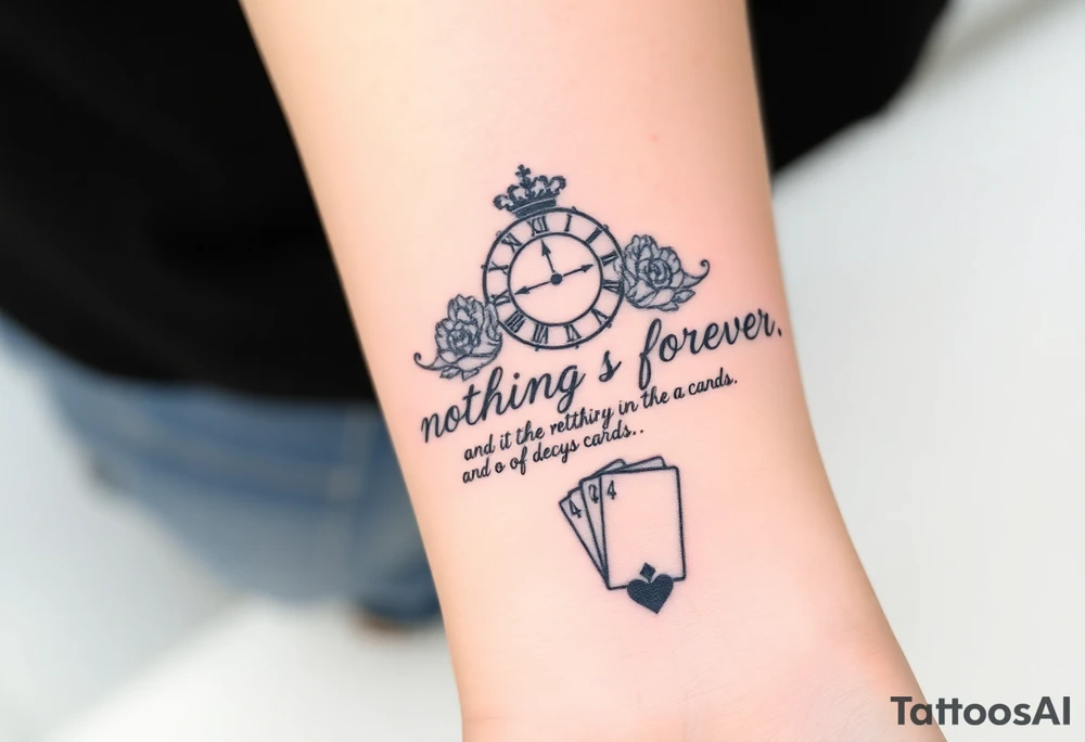 Roman clock with roses and a crown,  a quote that says nothings forever. and on the bottom a deck of cards tattoo idea