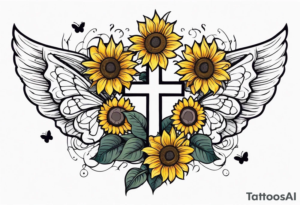 Arm sleeve with Winged cross with sunflower and butterflies tattoo idea