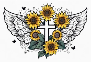Arm sleeve with Winged cross with sunflower and butterflies tattoo idea