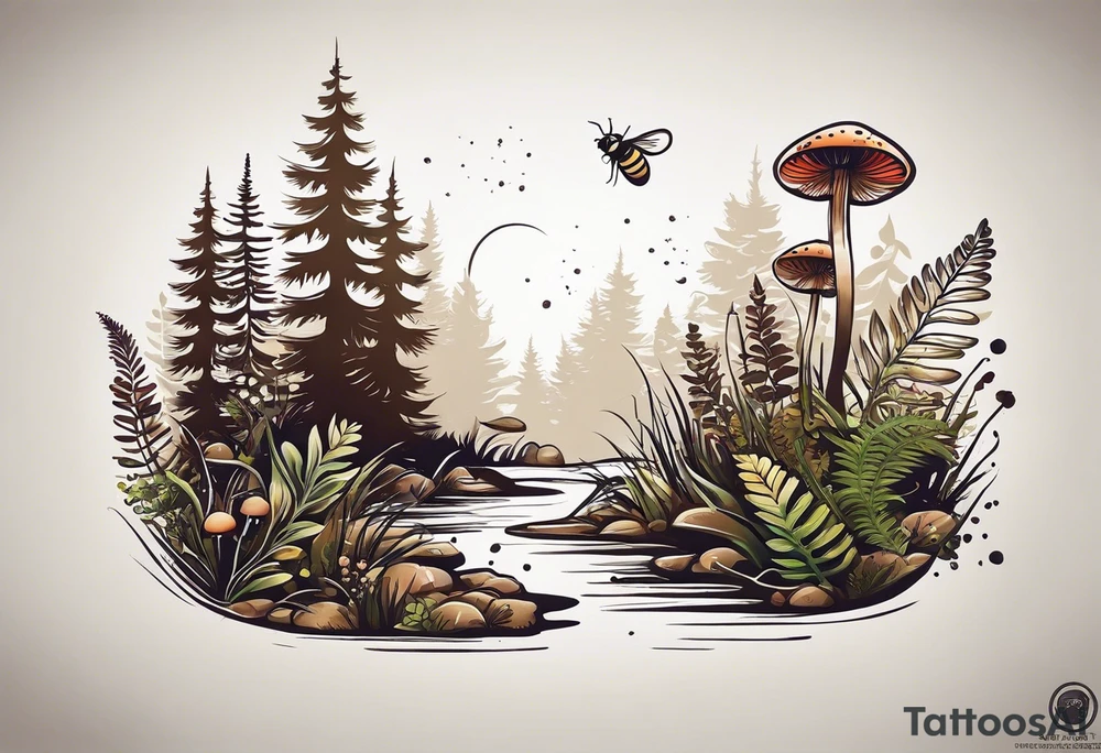 minimalistic forest floor inspired tattoo, which includes grass, moss, curly ferns and dead leaves as the bulk of the tattoo. details to include: forest berries, couple of very small brown mushrooms, a tiny bumblebee flying nearby tattoo idea