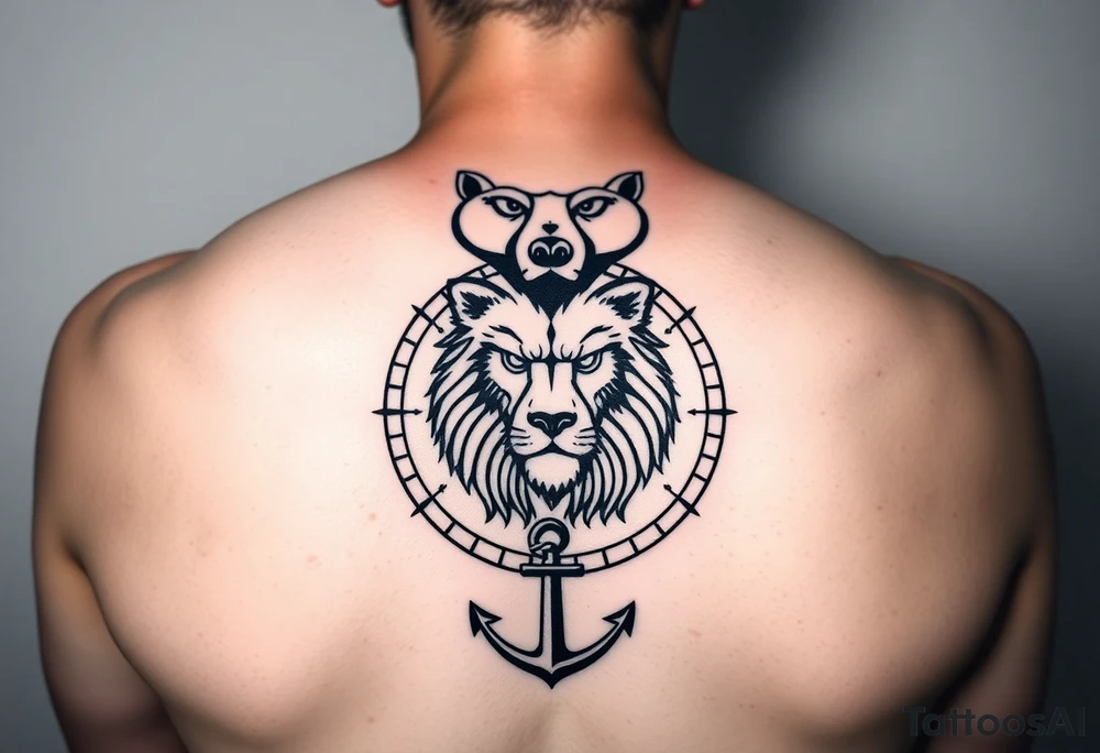 1/3wolf 1/3bear 1/3 lion surrounded by a compass with a small anchor on bottom. for sleeve tattoo idea