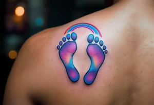 Bright purple and light blue footprints of Anna, surrounded by a small rainbow arching over them, symbolizing hope and joy. tattoo idea