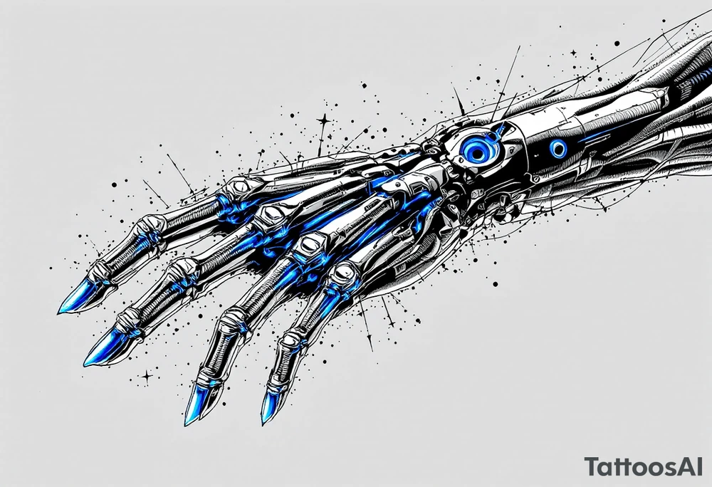 A transparent overlay effect showing the hand's inner mechanical structure, with shimmering metallic blue bones and joints. tattoo idea