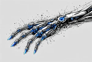 A transparent overlay effect showing the hand's inner mechanical structure, with shimmering metallic blue bones and joints. tattoo idea