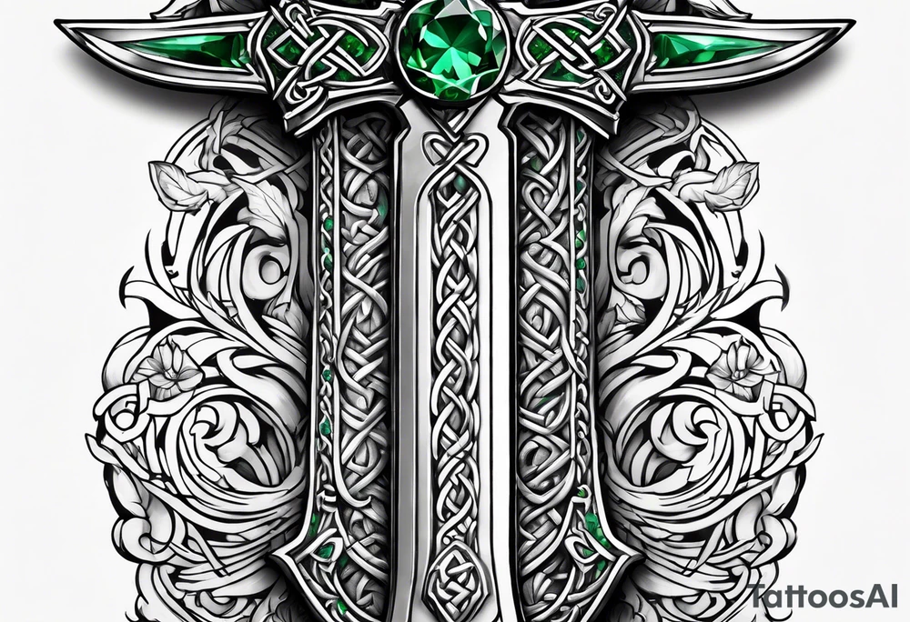 A Celtic dagger with an oak hilt turned upright and emerald gemstones on it tattoo idea