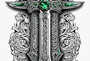 A Celtic dagger with an oak hilt turned upright and emerald gemstones on it tattoo idea