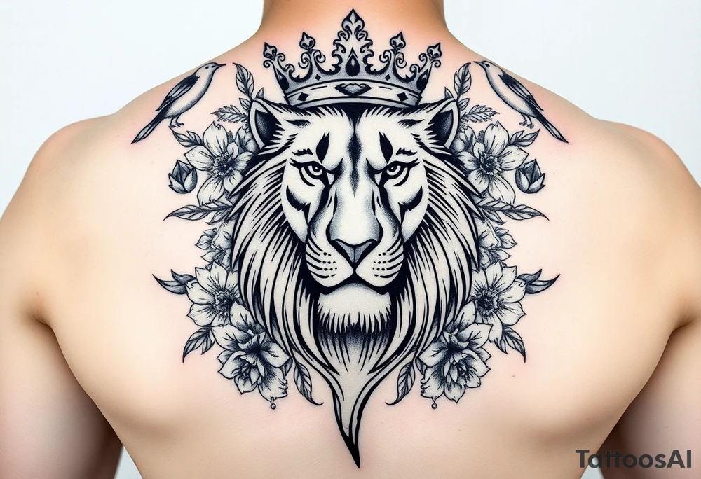 powerful majestic lion with a crown, surrounded by floral ornaments and birds tattoo idea
