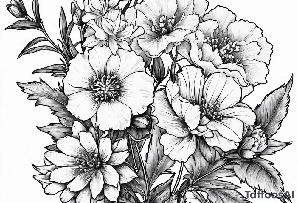 Bouquet Simple Tattoo of larkspur, carnation, violet, daisy with stem tattoo idea
