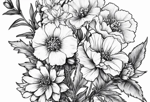 Bouquet Simple Tattoo of larkspur, carnation, violet, daisy with stem tattoo idea