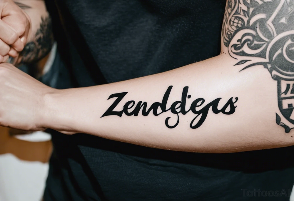 Forearm tattoo that says Zendejas that goes across the forearm tattoo idea