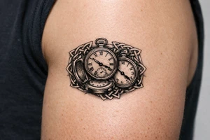 A cluster of large pocket watches, two open, one closed, with a Celtic knots surrounding. tattoo idea