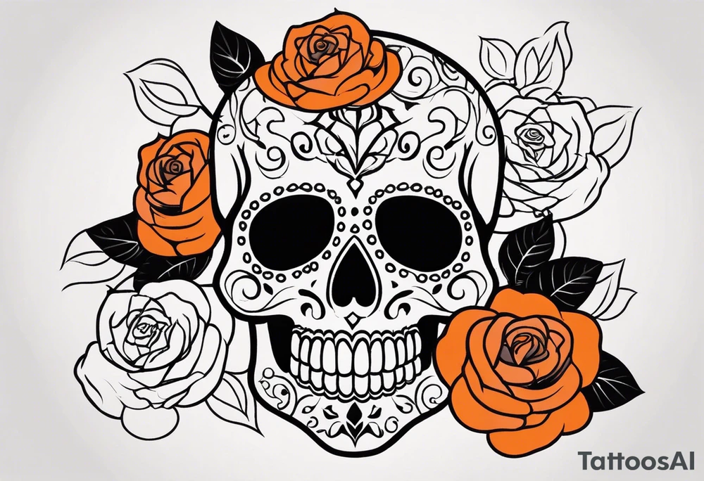 Sugar skull with roses that are orange and black tattoo idea