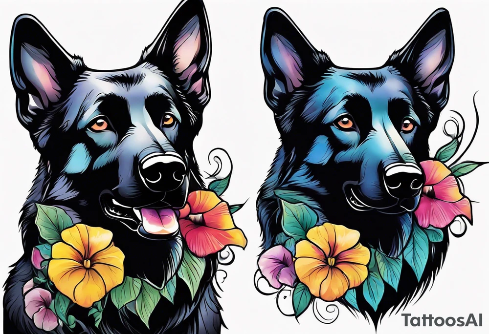 Black German shepherd portrait brightly colored with morning glory tattoo idea