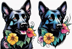 Black German shepherd portrait brightly colored with morning glory tattoo idea