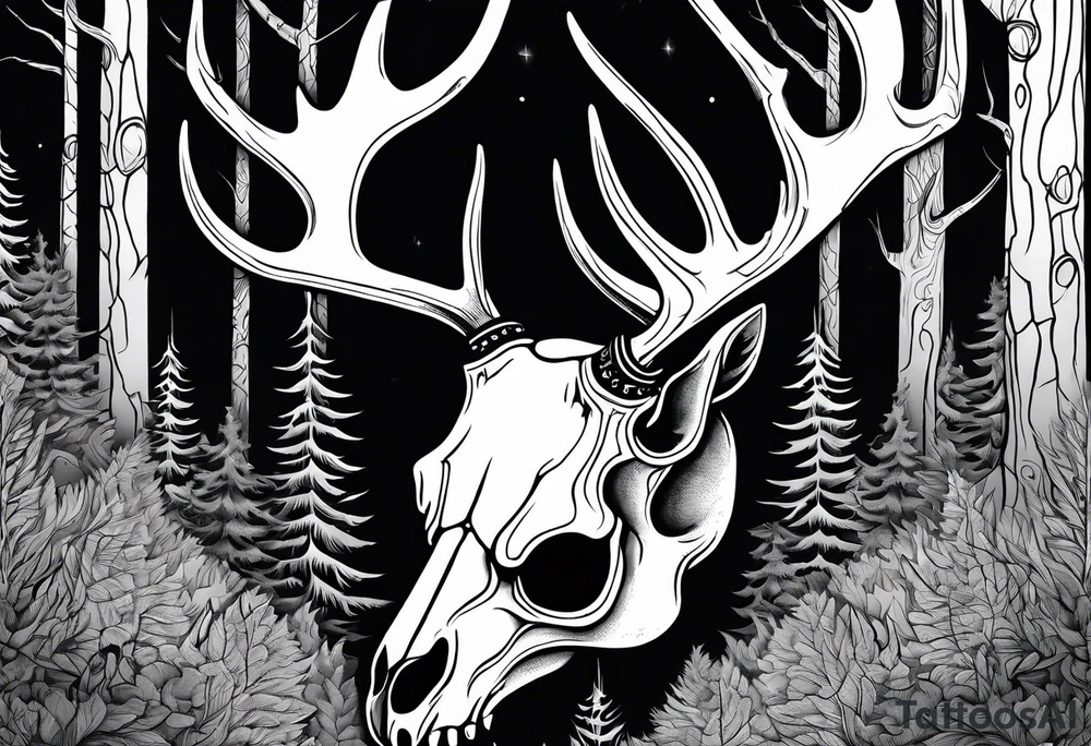 scary side view of a DECAYING deer skull JUST BONE surrounded by a forest fire in background tattoo idea