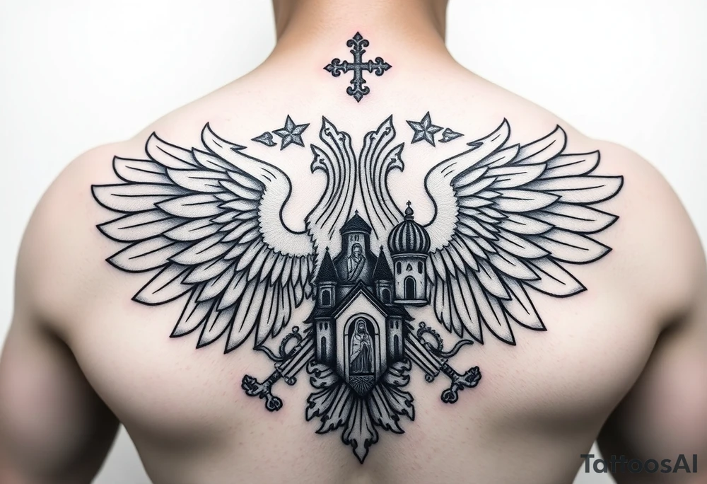 russian coat of arms double headed eagle traditional christian orthodox cross with a virgin mary stood in the entrance of a russian orthodox dome church on the side of the neck in a wilderness setting tattoo idea