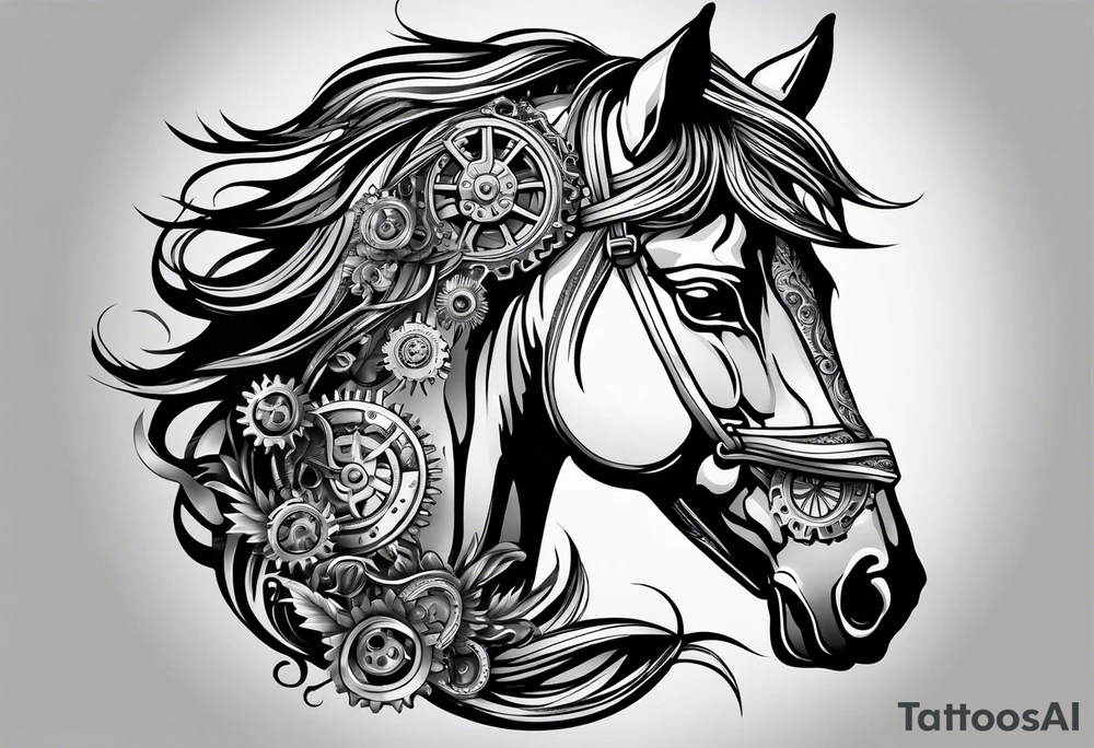 a horse head made out of gears and a flowing mane made out of rope tattoo idea