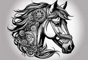 a horse head made out of gears and a flowing mane made out of rope tattoo idea