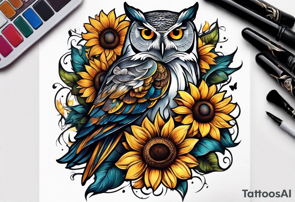 Arm sleeve with an owl and butterfly surrounded by sunflowers tattoo idea