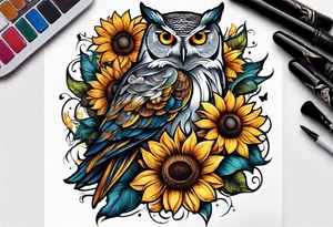 Arm sleeve with an owl and butterfly surrounded by sunflowers tattoo idea