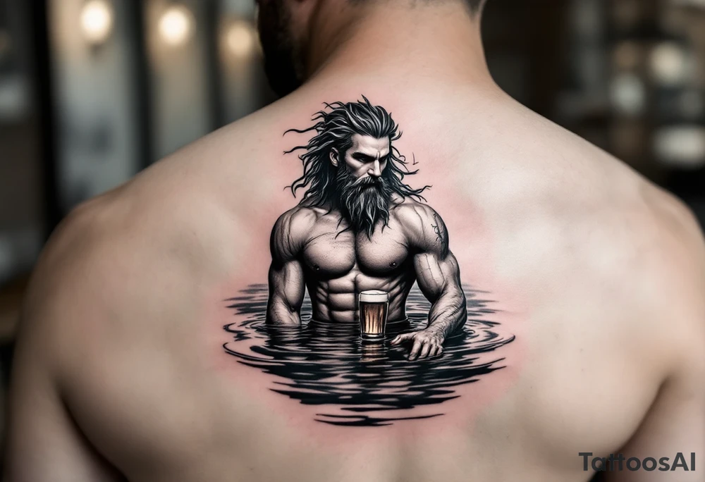 young, fit poseidon in calm water, holding a trident, drinking a beer, with feet tattoo idea