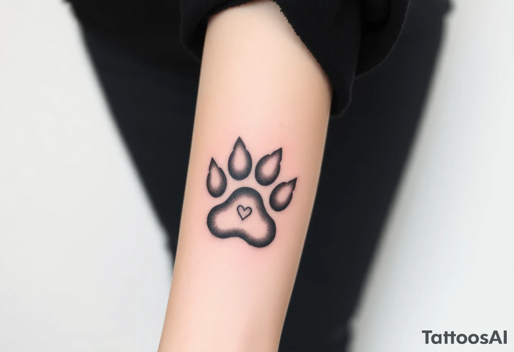 A detailed cat paw print with soft fur textures, using natural tones of cream, gray, and light brown and hearts within tattoo idea