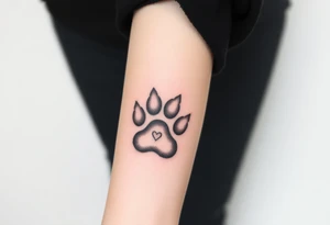 A detailed cat paw print with soft fur textures, using natural tones of cream, gray, and light brown and hearts within tattoo idea