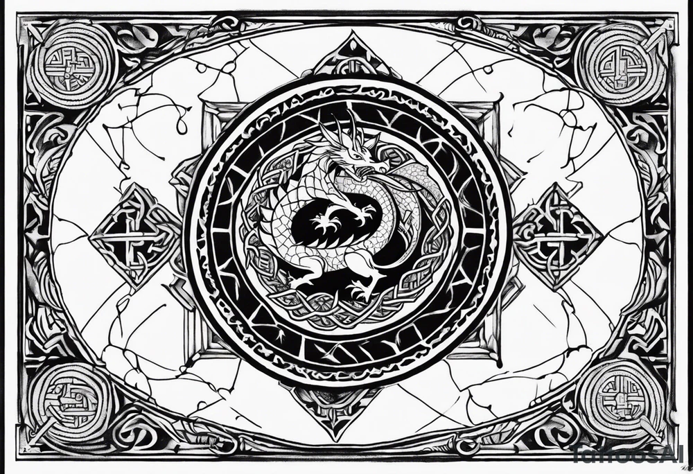 orobourus made from a dragon surrounding vegvisir, the vegvisir symbol should be black line work that is somewhate ancient feeling tattoo idea