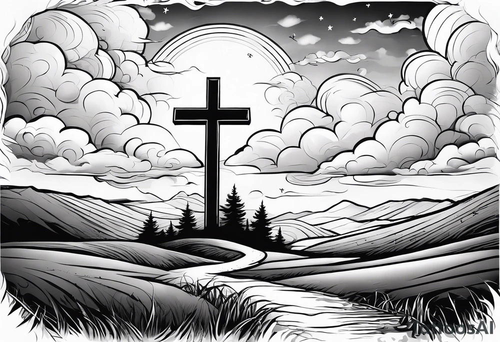 bible verse with a very simple cross in the background and realistic clouds shadowing the cross in the background tattoo idea