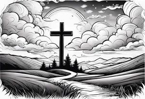 bible verse with a very simple cross in the background and realistic clouds shadowing the cross in the background tattoo idea