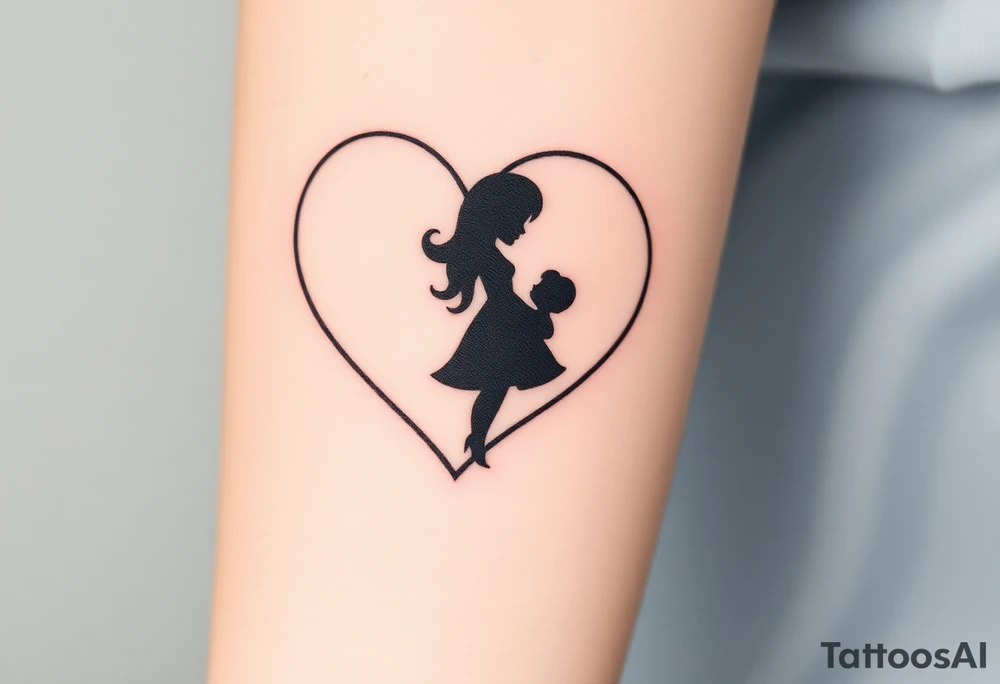 A mother and child shadow inside a heart-shaped puzzle piece, in black and white with a subtle blue glow tattoo idea