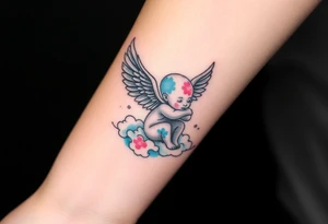 Winged baby, blue and pink watercolor, clouds tattoo idea