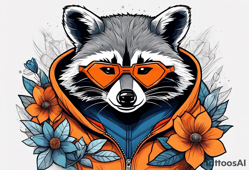 raccoon wearing a Superman hoodie with orange flowers tattoo idea