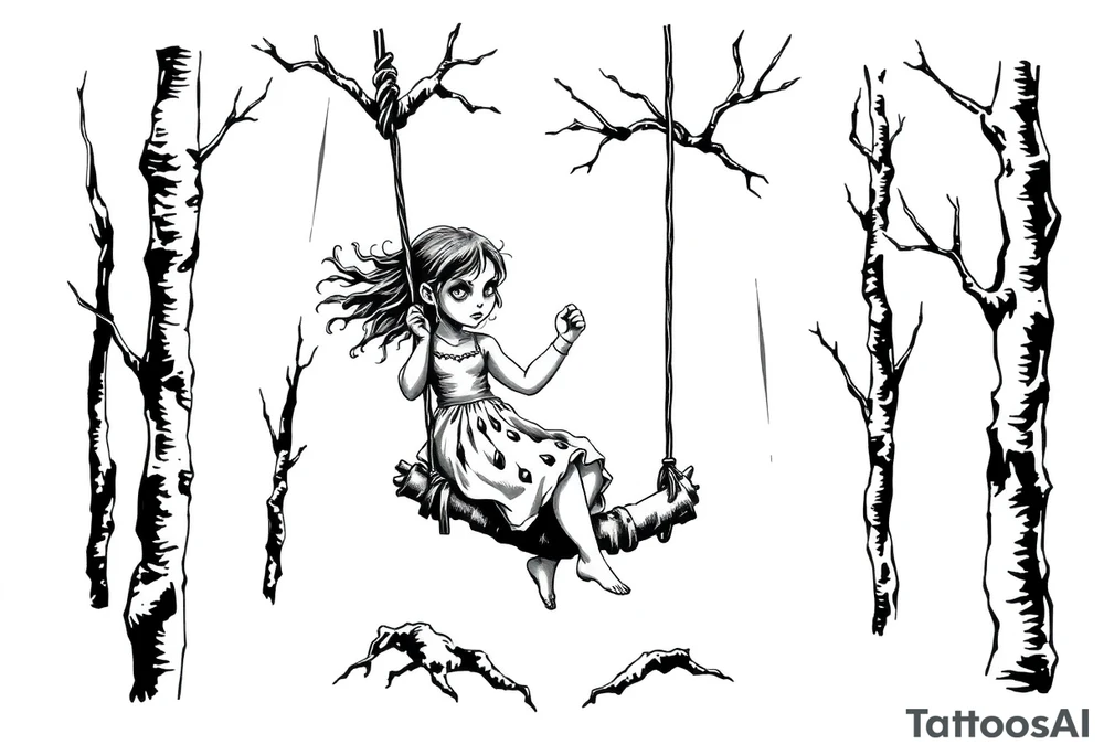 creepy little girl in the woods on a rope swing tattoo idea