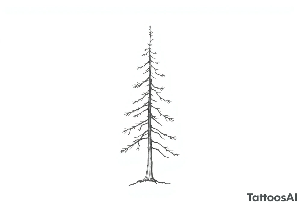 A slender pine tree with a continuous thin outline that flows smoothly from the tip of the tree to the base of the trunk. Inside the trunk, faint horizontal lines or delicate curves suggest subtle “growth rings” (like those seen in real trees), but they remain understated to maintain a clean and minimalist aesthetic. tattoo idea