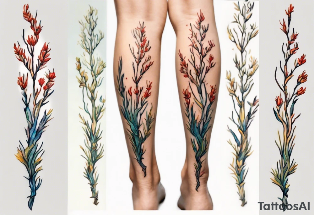 Small tattoo of ocotillo plant on the leg of  a woman, Van Gogh style, vibrant colors, high quality, Van Gogh style, vibrant colors, detailed, professional, atmospheric lighting tattoo idea
