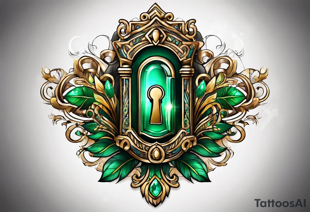 Lock and key with emerald stone tattoo idea