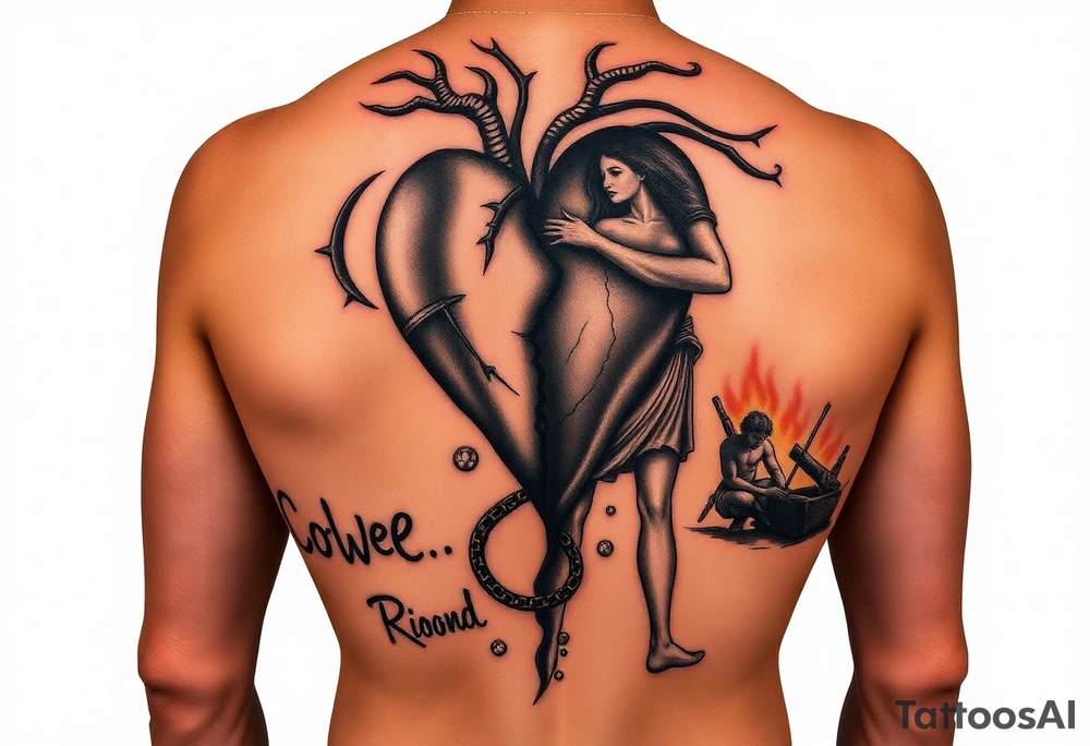 Design a full back tattoo that represents the struggles of betrayal, financial loss, relationship breakup, loss of job, loss of self, and death of a loved one, inspired by Greek mythology and art. The tattoo should be reminiscent of a Greek painting, particularly illustrating the trials of Hercules. Each struggle should be depicted as a symbolic labor, with each one portrayed as a scene on the back. For example:

Betrayal: A scene of a broken, jagged heart surrounded by shadows, with a figure turned away in mistrust.
Financial Loss: A treasure chest overturned, with coins spilling out, and a figure kneeling in despair.
Relationship Breakup: Two intertwined figures tearing apart, with one side showing broken chains or a shattered heart.
Loss of Job: A man in tattered clothing, walking away from a ruined, burning building.
Loss of Self: A figure looking at their shattered reflection in a broken mirror, symbolizing identity lost.
Death of a Loved One: A scene of a person in mourning, standing by a grave, with a winged figure representing the spirit of the deceased.
Ensure the design has an ancient, classical Greek aesthetic, with detailed lines, natural poses, and a narrative flow, similar to the style of ancient Greek pottery or frescoes." tattoo idea