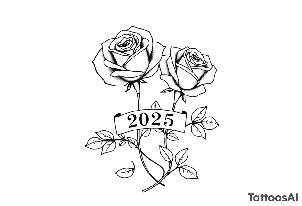 two beautiful large rose buds, one larger than the other, with many leaves next to the rose buds, with one sitting higher than the other. Include a banner connecting the two roses with the year 2025 on it.   Use dark outlines with little shading. The two stems should be short, not long, and connect and join into one stem, whimsically curved or twisted - not straight down. tattoo idea