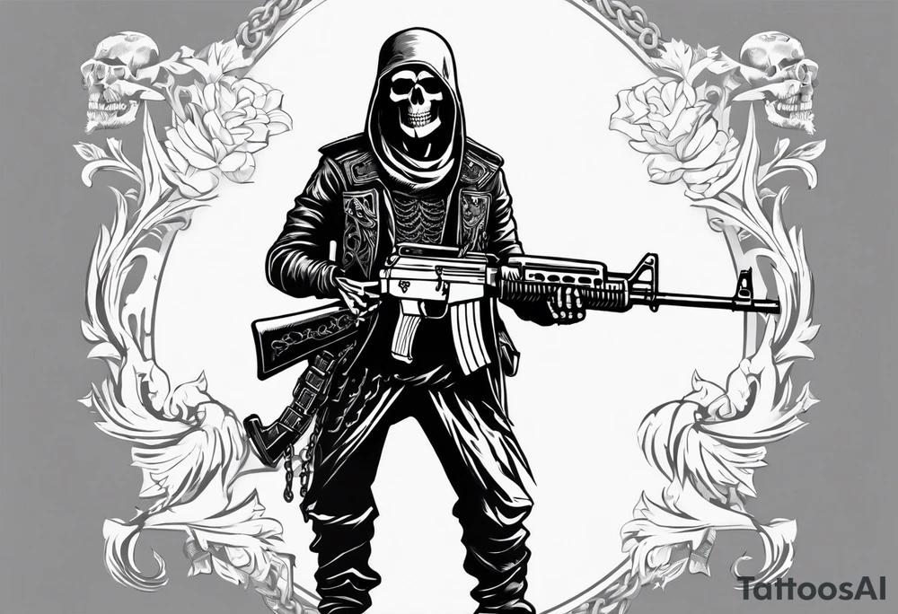 image of a skeleton standing frontally with a crown on his head, holding an AK-47 on his shoulder with his right hand. The chain on the left should be taut, there are three angry barking Dobermans in it, near the waist tattoo idea