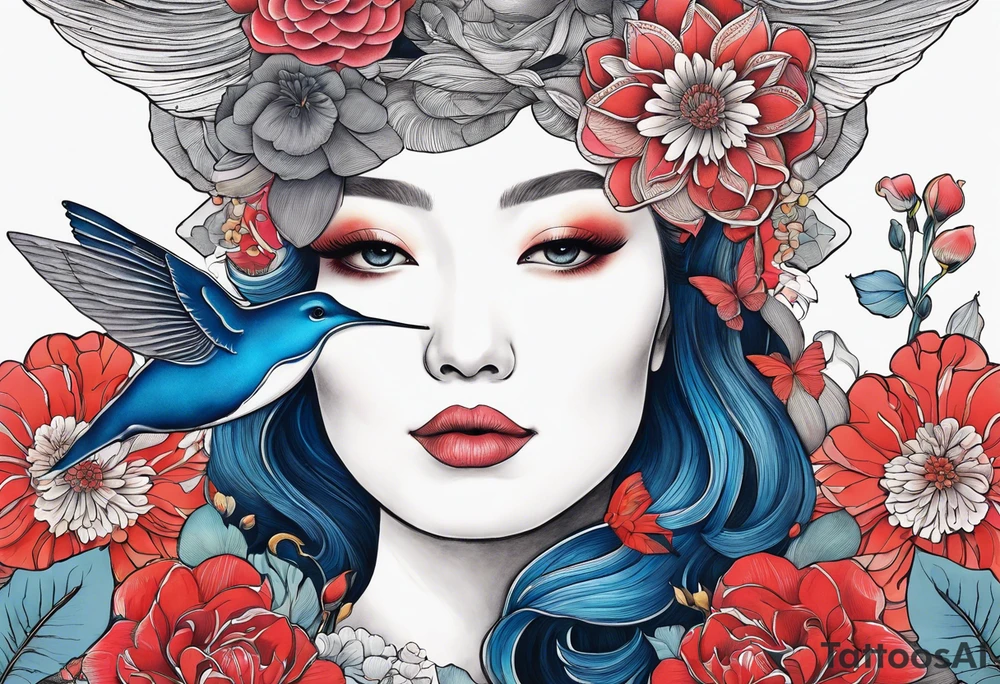Surrealism, blue whale, hummingbird, gray lady face, flowers, bold color, collage tattoo idea