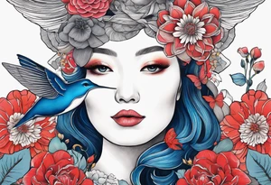 Surrealism, blue whale, hummingbird, gray lady face, flowers, bold color, collage tattoo idea