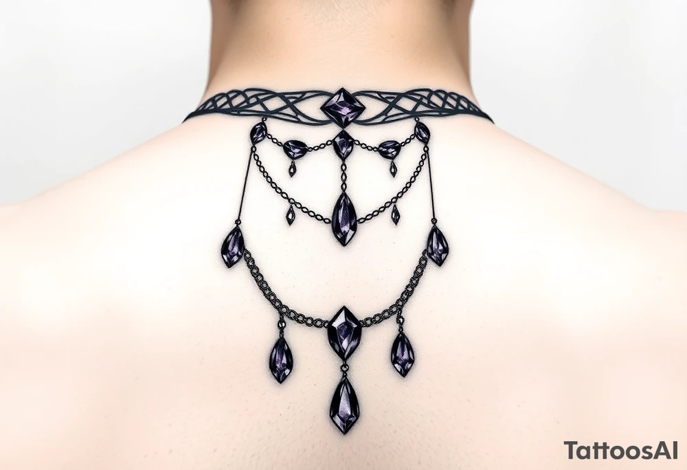 Gothic jewelry draping fine line with amethyst jewels around the neck tattoo idea