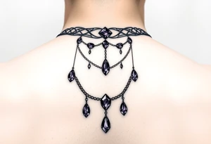 Gothic jewelry draping fine line with amethyst jewels around the neck tattoo idea