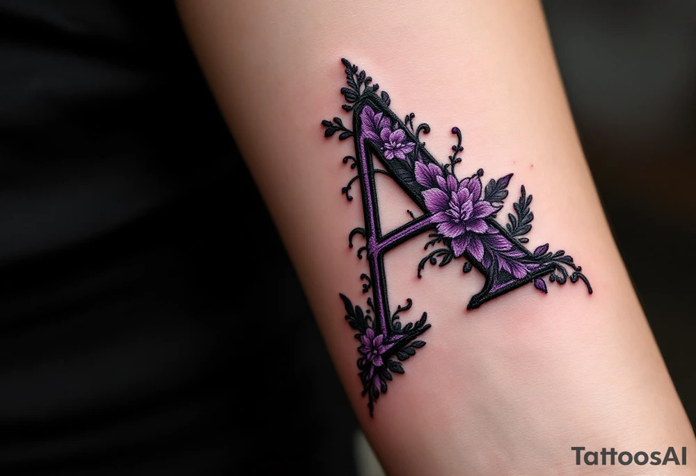 A stitched "A" design in dark purple and black, resembling embroidery. tattoo idea