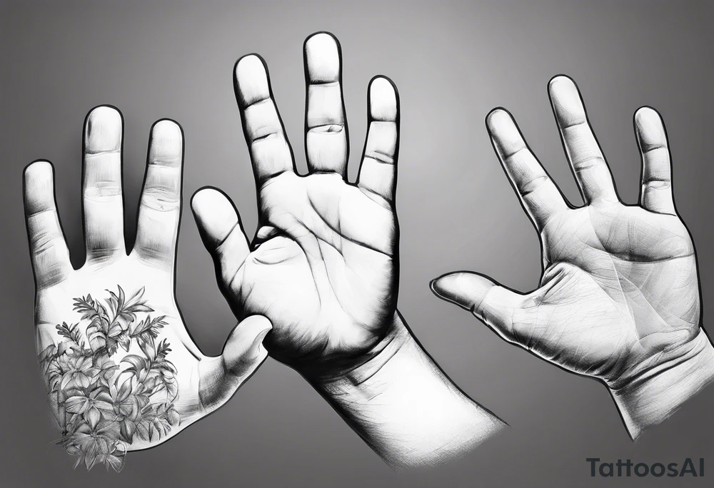 handprints of three childrens with a male fathers hand. The children are two girls and 1 boy. tattoo idea