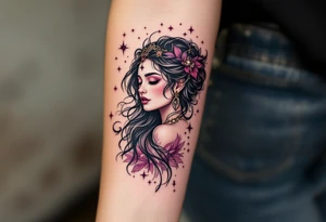 Fine black linework of the Virgo star constellation curves behind a stylized goddess in plum and wine hues tattoo idea